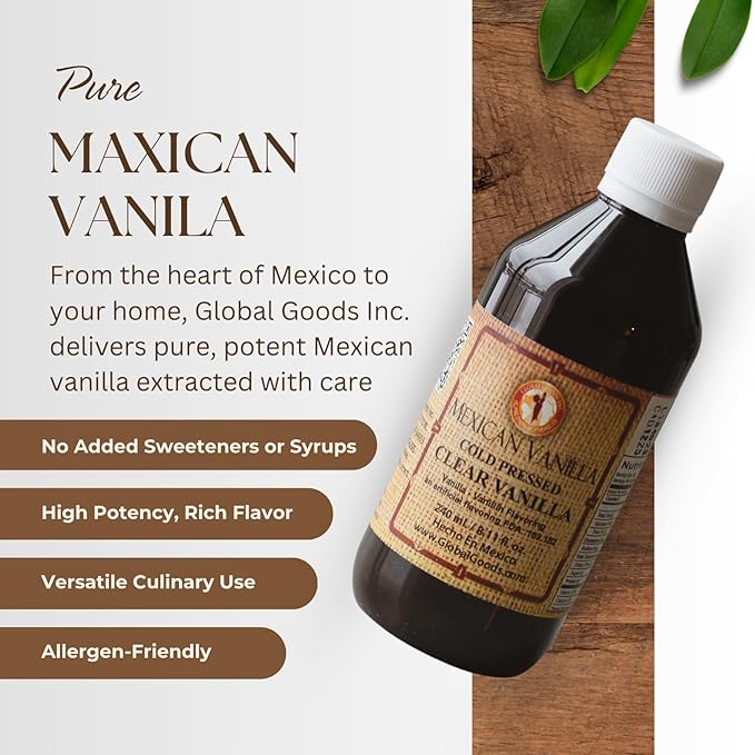 Pure Clear Mexican Vanilla Extract (8.12 fl oz) – Gluten-Free, Coumarin-Free Vanilla for Baking, Cakes, Cookies, Coffee & Desserts – Cold Pressed, Natural Vanilla