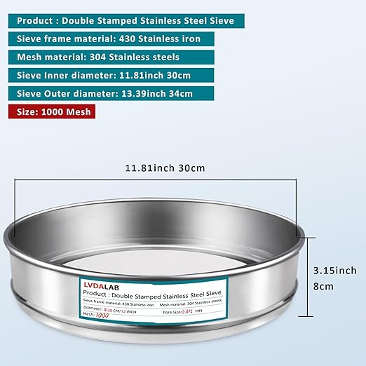 304 Stainless Steel Lab Sieve Screen Mesh, 1000 Mesh(0.015mm) Aperture Test Sieve, 12Inch(30cm) Diameter Economy Standard Analysis Sample Test Sieves for Industrial Laboratory Homes