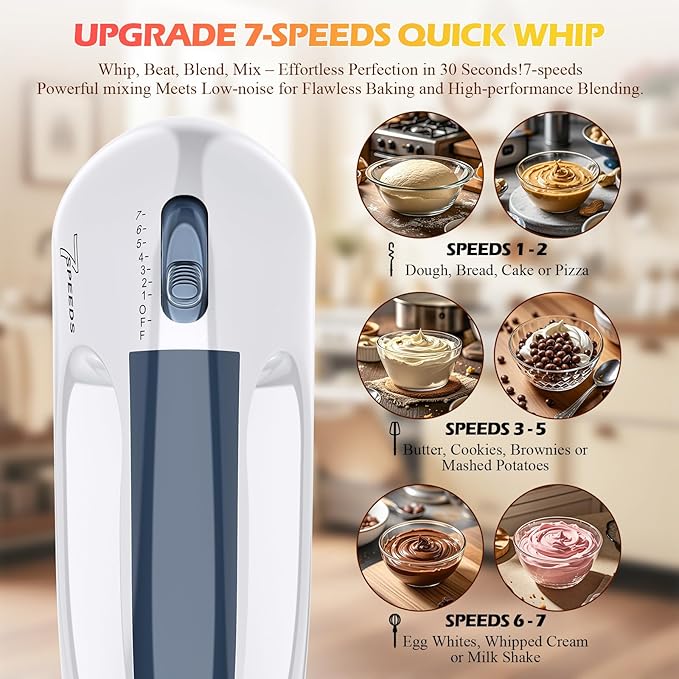 WADODO 200W Electric Hand Mixer – 7-Speed Kitchen Mixer Small Food Mixer with 304 Stainless Steel Beaters, Dough Hooks & Whisk for Baking Cakes, Cookies & Cream