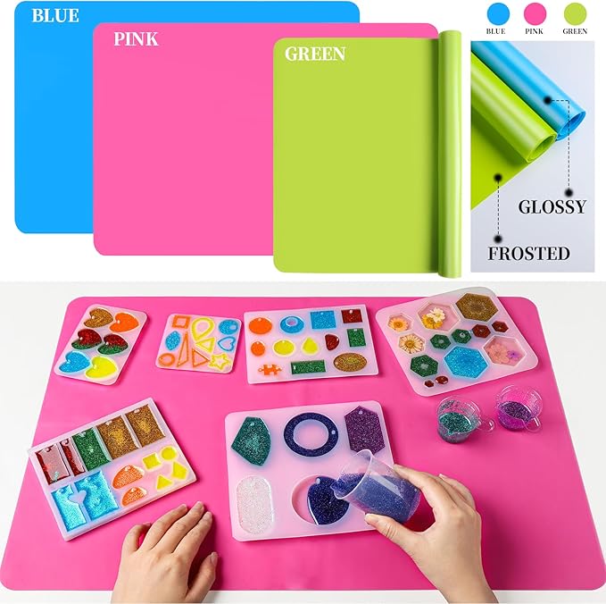 LEOBRO Silicone Mat for Crafts, 3 PCS 23.4” x 15.6” Large Silicone Mats, Play Dough Mat, Craft Mats for Resin Molds, Clay, Jewelry Making, Sculpture Casting, Hot Pink & Green & Blue