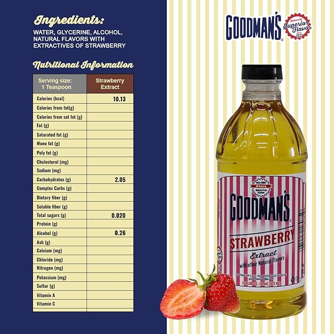 Goodman's Natural Strawberry Extract - Gluten-Free, Non-GMO, Kosher, Low Carb & Low Calorie, Low Alcohol, No Artificial Color, No Animal Products, No Sugar -Enhances Baking, Drinks & Desserts - 1 Pint