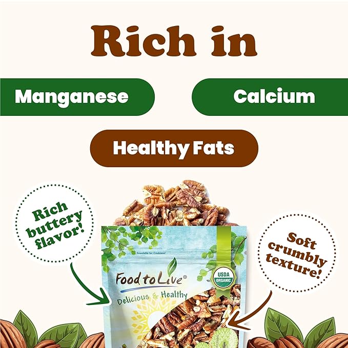 Food to Live Organic Pecan Pieces, 3 Pounds Raw, Chopped Pecans, Non-GMO, Unsalted, Unroasted, Kosher, Shelled, Kosher, Vegan, Sirtfood, Bulk. Keto-Friendly. Good Source of Iron, and Calcium.