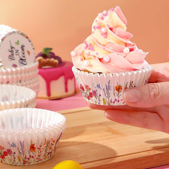 Vesici 300 Counts Wildflower Mini Cupcake Liners Disposable Cupcake Cups Wildflower Paper Baking Cups Wrappers for Ice Cream Snack Birthday Baking Baby Shower Celebration Tea Party Supplies