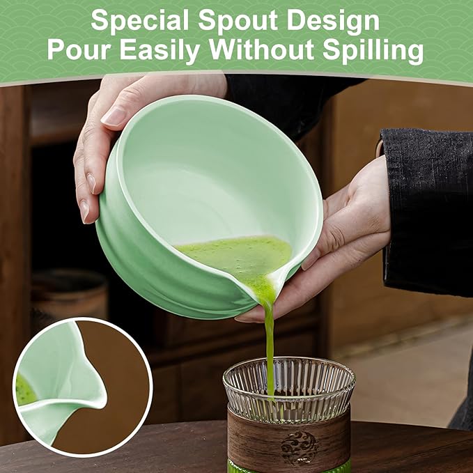 RONBEI Matcha Whisk Set, Japanese Matcha Set with Ceramic Bowl, Bamboo Whisk, Stainless Sifter, Scoop and Holder, Jade Green Matcha Kit for Matcha Lover(7 Pcs)