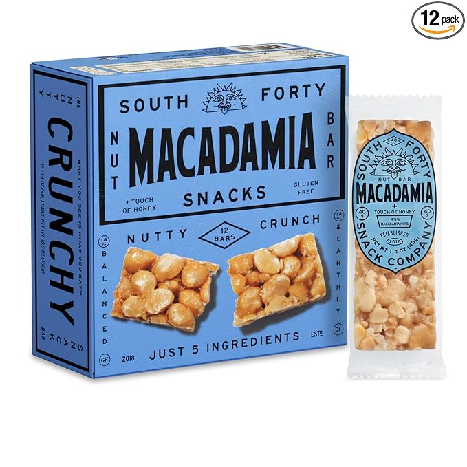 South 40 Snacks Crunchy Macadamia Nut Bar, Just 5 Ingredients, Touch of Honey (40g Bar, Pack of 12)
