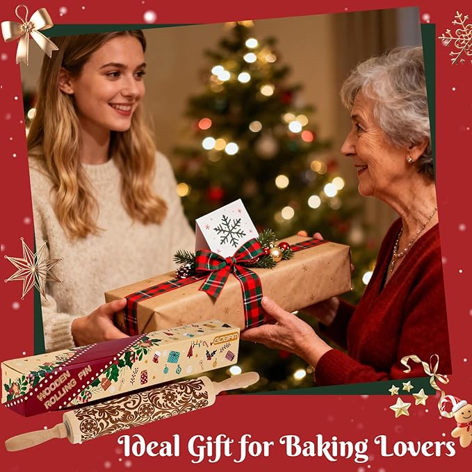 Gobam Embossed Rolling Pin for Cookies, Engraved Wooden Rolling Pin for Baking, Deep Pattern Cookie Roller for Christmas, Holiday, DIY Kitchen Decor and Gift - Snowflake