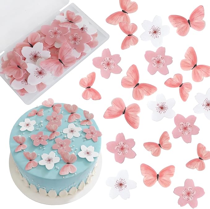 Pink Series Cherry Blossom Butterfly Edible Cake decoration Wedding pink theme Birthday party Wafer paper pink butterfly dessert decoration (Set 5【Mix 104pcs】)