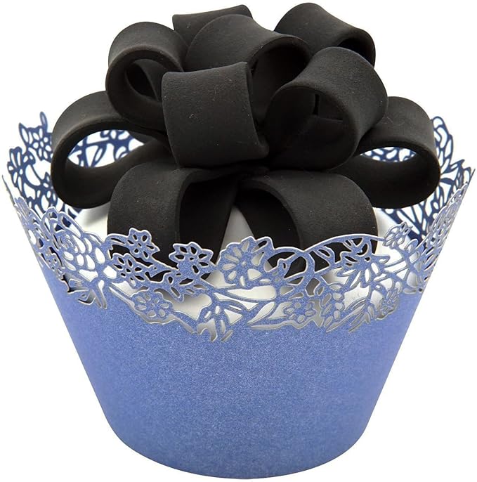 Cupcake Wrappers Pack of 50 Blue Filigree Artistic Bake Cake Paper Cups Little Vine Lace Laser Cut Liner Baking Cup Muffin Case Trays for Wedding Party Birthday Decoration -By KEIVA