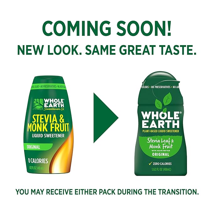 Whole Earth Stevia & Monk Fruit Liquid Sweetener, Original, No Erythritol, Squeeze Bottle, 1.62 Fl Oz (Pack of 12)