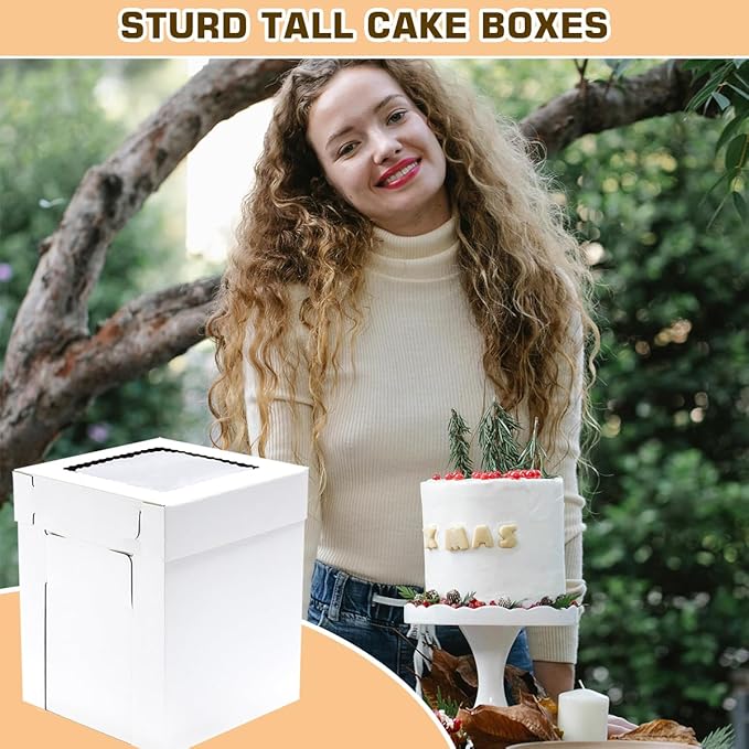 JJO Tall Cake Boxes for Tier Cakes,6 Pack 8x8x10 Inch,White Cake Boxes,Sturdy Tall Cake Carrier, Disposable Cake Containers