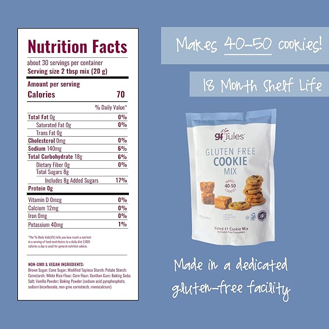 gfJules Certified Gluten Free Cookie Baking Mix | Tollhouse Style | Bars or Cookies | No Grit, Non-GMO, Vegan | Certified Top 9 Allergen-Free & Kosher | Makes 40-50 Cookies | 22 Ounces