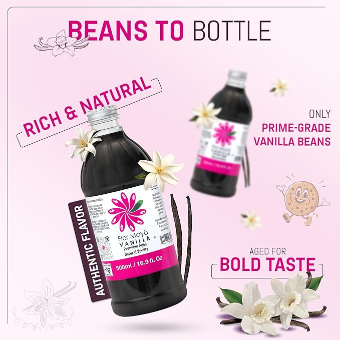 Flor Maya Premium Aged Pure Vanilla Extract – Handcrafted from Prime Mexican Vanilla Beans - Ideal for Gourmet Cooking & Baking Supplies – Gluten-Free, Non-GMO No Coumarin, – 16.9 Fl Oz (500 ml)