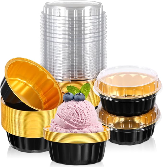 100 Pack 8 oz Disposable Ramekins with Lids, Disposable Ramekin Baking Cups Creme Brulee Ramekin Black Gold Aluminum Foil Cupcake Containers for Wedding Christmas Kitchen Party Graduation