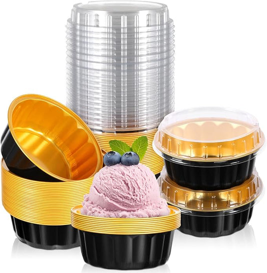 100 Pack 8 oz Disposable Ramekins with Lids, Disposable Ramekin Baking Cups Creme Brulee Ramekin Black Gold Aluminum Foil Cupcake Containers for Wedding Christmas Kitchen Party Graduation