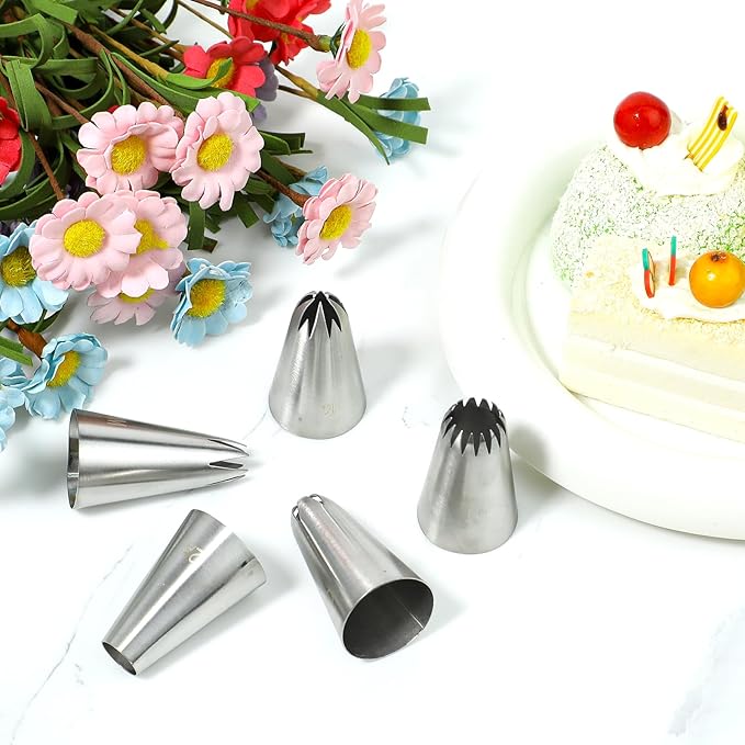 5pcs Cake Piping Tips (1M 2D 1C 1B 1E), Decorating Supplies, Nozzles, Baking Tools for Buttercream, Icing, Birthday, Cupcake, DIY Art
