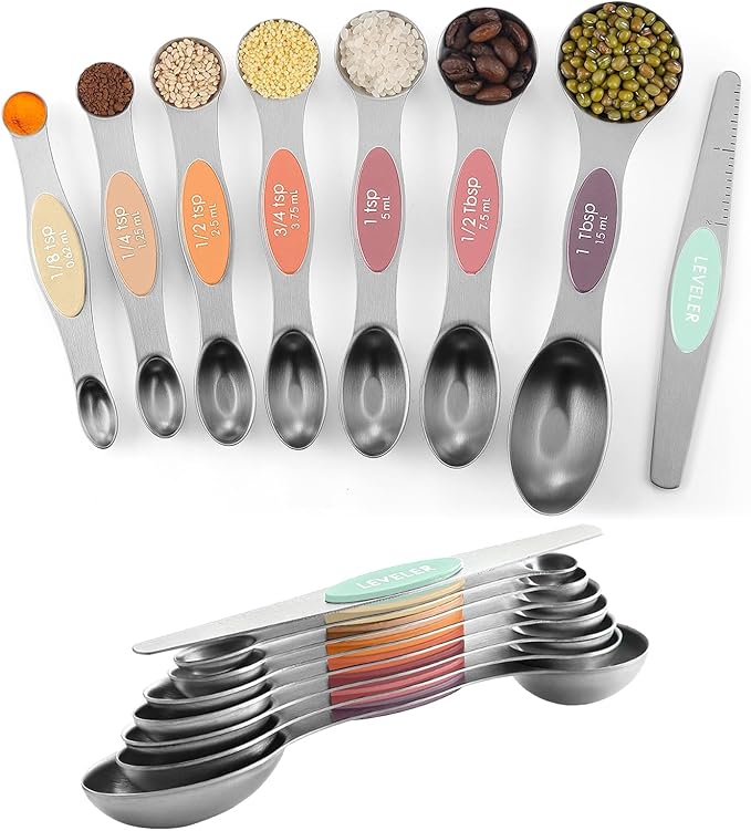 Pack of 8 Stainless Steel Magnetic Measuring Spoons Set, Dual Sided, Stackable, Adjustable Teaspoon and Tablespoon Measure Spoon with Leveler, Kitchen Gadgets