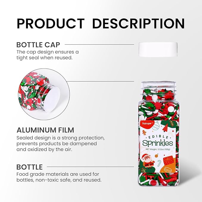 Christmas Sprinkles for Cake Decorating, 3.52oz Edible Red Green Sprinkles for Cupcake Toppers Baking Cookie Ice Cream Dount Chocolate Christmas Party
