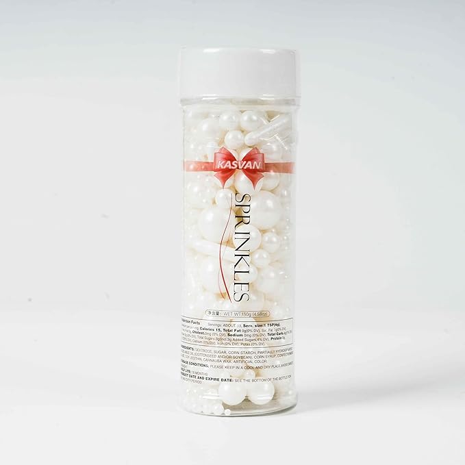 Kasvan White Pearl Sugar Sprinkles - Edible Candy Pearls 130g/4.58 Oz, Mix Size, Baking Cake Decorations, Ice Cream Toppings and Cookie Decorating, Wedding Party Chirstmas Supplies (White) (White)