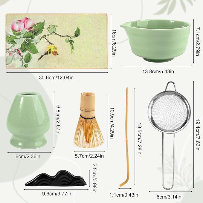 Fantasyon 7 Pcs Matcha Whisk Set Matcha Kit, Includes Bowl with Spout, Bamboo Whisk, Holder, Spoon, Sifter, Stand and Tea Towel for Ceremony Tea Lovers Family Friend Christmas Birthday Gift