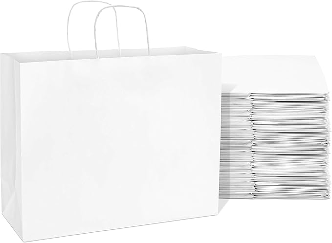 Prime Line Packaging White Gift Bags, Paper Shopping Bags with Handles for Small Business, Boutique, Merchandise, Retail, Party Favors, Bulk, 16x6x12, 200 Pack