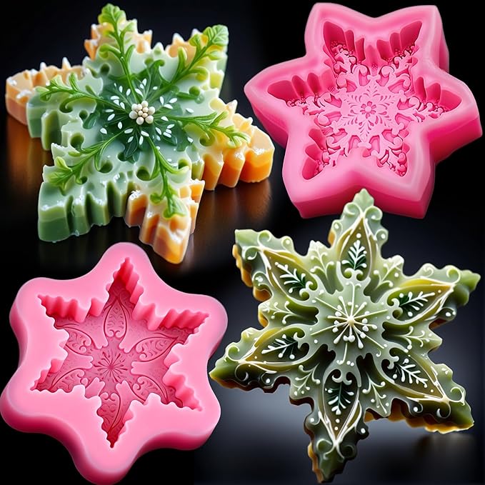 Snowflake Silicone Molds Christmas Snowflake Soap Molds Snowflakes Candle Mold 3D Christmas Silicone Chocolate Mold for Making Soaps Candles Bath Bomb Cookie Cake Candy Chocolate Muffins Ice(Pink 2)