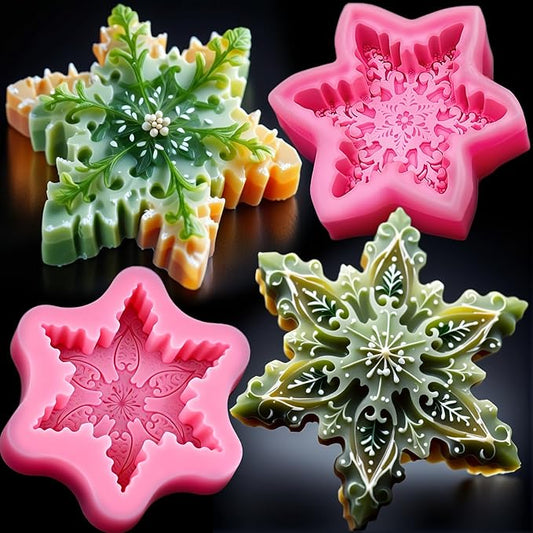 Snowflake Silicone Molds Christmas Snowflake Soap Molds Snowflakes Candle Mold 3D Christmas Silicone Chocolate Mold for Making Soaps Candles Bath Bomb Cookie Cake Candy Chocolate Muffins Ice(Pink 2)