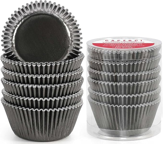 Caperci Black Foil Cupcake Muffin Liners Standard Size Baking Cups 150-Pack - Premium Greaseproof & Sturdy