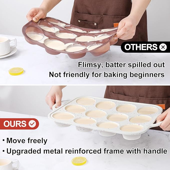 CAKETIME Silicone Muffin Pan, with Metal Reinforced Frame 2.8 Inch Regular Size Silicone Cupcake Pan Nonstick 12 Cups for Baking Homemade Muffins, Cupcakes, Egg Bites 2 Pack Dishwasher Safe BPA Free