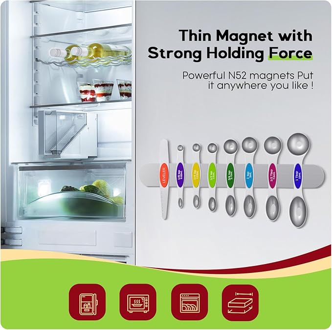 Magnetic Measuring Spoons Set Of 8, Heavy Duty 304 Stainless Steel Metal, Fits in Most Kitchen Spice Jars for Baking & Cooking, BPA Free,Measuring Dry & Liquid Ingredients (Light Colorful)