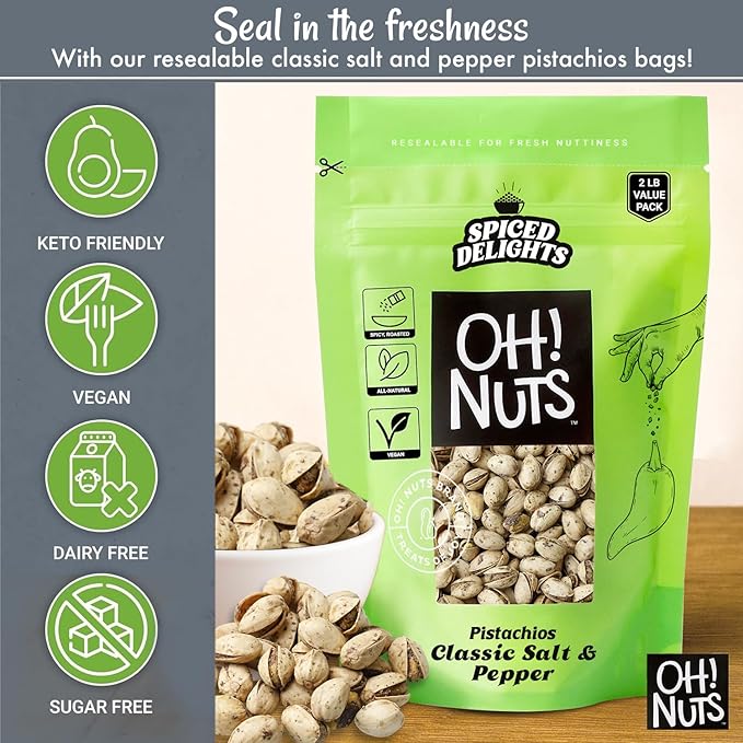Oh! Nuts Spiced Pistachios – Salt & Pepper, 2 LB – Savory Seasoned Pistachios, Roasted Crunchy Snack – Packed in Reclosable Bag to Maintain Freshness