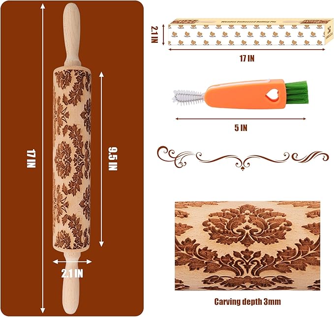 17" Premium Wooden Rolling Pins for Baking with European Embossed Designs | 3mm Deep Springerle Cookie Molds | Christmas Rolling Pin & Baking Gifts for Women | Includes 3-in-1 Cleaning Brush
