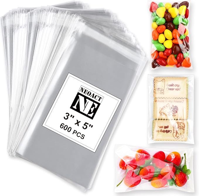 600 Pcs Small Cellophane Bags 3x5",Clear Resealable Cellophane,Self Sealing Bags for Candy Bakery Snacks Cookie Jewelry,Cello Bag for Party Decorative Gift