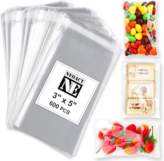 600 Pcs Small Cellophane Bags 3x5",Clear Resealable Cellophane,Self Sealing Bags for Candy Bakery Snacks Cookie Jewelry,Cello Bag for Party Decorative Gift