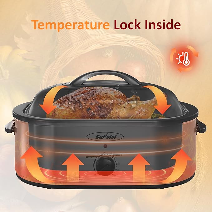 Sunvivi Electric Roaster, 18 Quart Roasting Oven with Self-Basting Lid Removable Pan, Turkey Roaster Oven with 150 to 450F Temperature Control Cool-Touch Handles, Silver