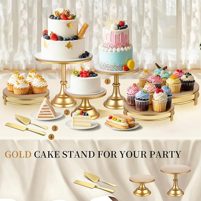 4 PCS Gold Cake Stand Set with Gold Pedestal Cake Stand and Cake Cutter Pie Spatula, Dessert Table Display Set for Wedding, Party, Birthday, Baby Shower, Event Bridal Celebration