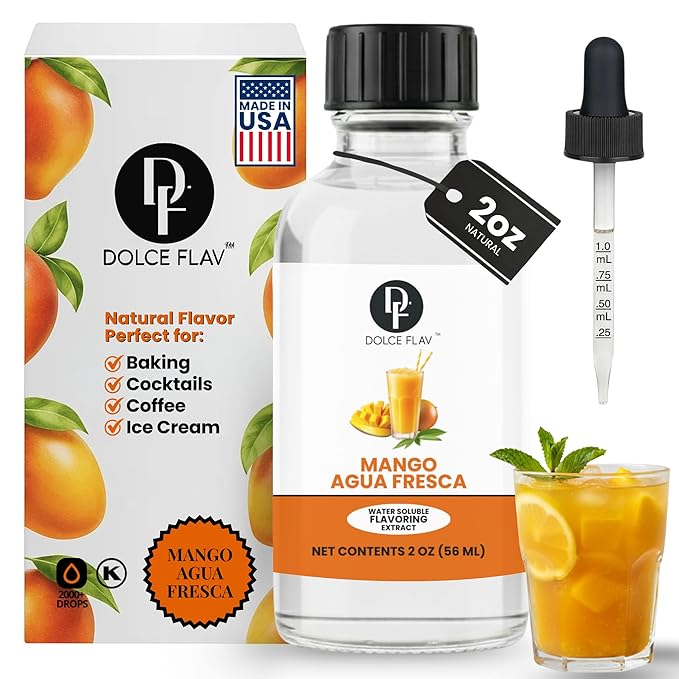Dolce Flav Natural Mango Agua Fresca Extract, Water-Soluble – 2 oz | Tropical Ripe Mango Flavoring for Beverages, Desserts & Syrups – Sugar-Free, Kosher, Allergen-Free