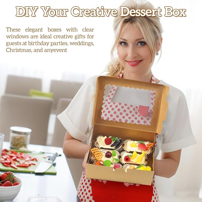 12 Pack DIY Assembly Brown 8x6x3inches Cookies Boxes with Window Bakery Boxes Macaron Boxes Small Treat Boxes Chocolate Truffle Boxes