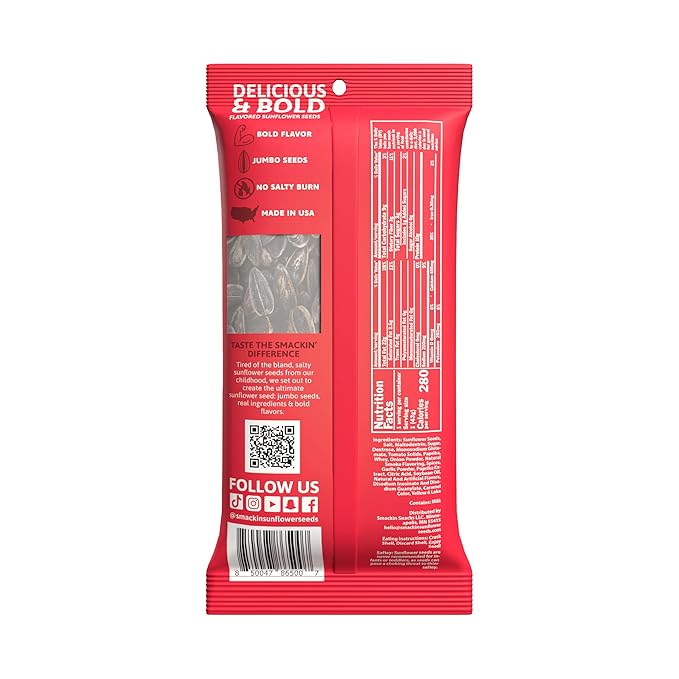 SMACKIN' Sunflower Seeds, Roasted Jumbo Small-Batch, American Made - Backyard BBQ. 1.5oz bags (6 Pack)