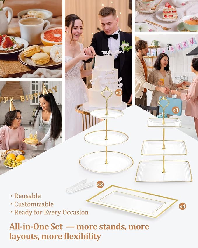 Lzerking 13pcs Dessert Table Display Set, 6 3-Tiered Cupcake Stands (3round & 3square) with 4 Trays & 3 Tongs, White Gold Plastic for Wedding, Tea Party, Baby Shower Decor, Birthday Party Decoration