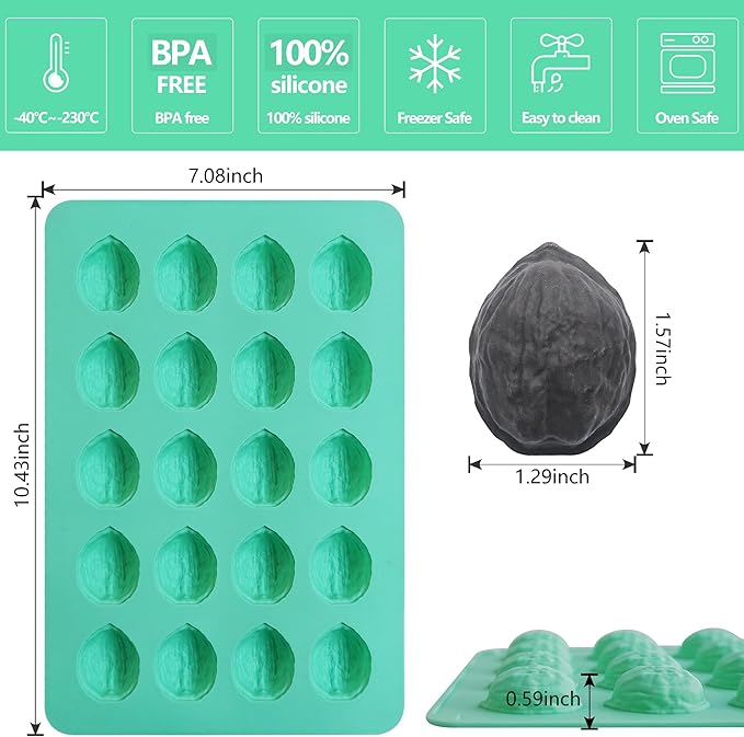 2Pack Walnut Cookie Maker Silicone, Nonstick Oreshki Mold Maker for Baking, 20Cavity Walnut Silicone Mold for Cookie, Chocolate, Candy
