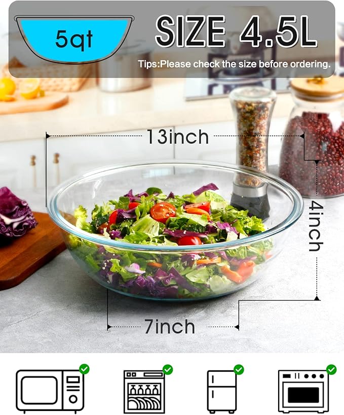 NUTRIUPS 5QT Big Tempered Glass Salad Bowl, 13 inch Clear Glass Bowls for Mixing, Prepping, Storage, Large Shallow Flat Bottom Bowl for Sourdough