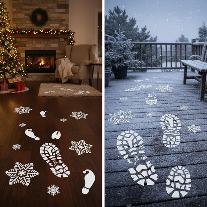 10Pcs Christmas Stencils for Painting Santa Footprints for Floor, Reindeer Foot and Snowflake Stencils Template,Reusable Plastic Elf Foot Print Stencil on DIY Craft Holiday Xmas Decor