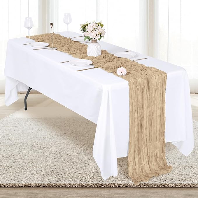 12 Pack Beige Cheesecloth Table Runner 17x108 Inch Semi Sheer Boho Gauze Cheese Cloth Fabric Table Runners, for Wedding Party Baby Shower Birthday Home Decor Garden Farmhouse