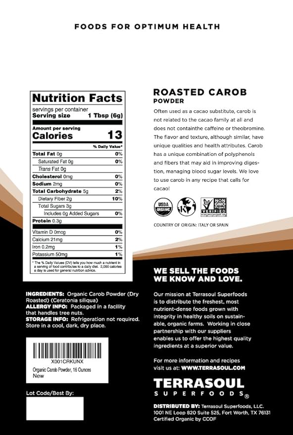 Terrasoul Superfoods Organic Carob Powder, 2 Lbs (2 Pack) - Cocoa Powder Alternative | High in Fiber
