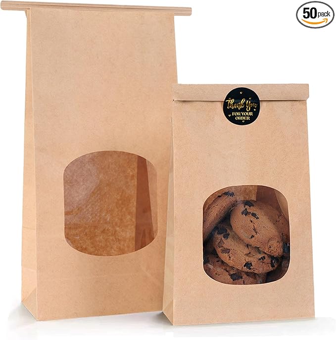 50pcs Bakery Bags with Window for Cookies Bread Packaging Brown Paper Bag Bulk M