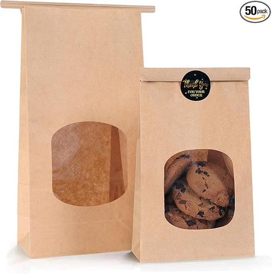 50pcs Bakery Bags with Window for Cookies Bread Packaging Brown Paper Bag Bulk M