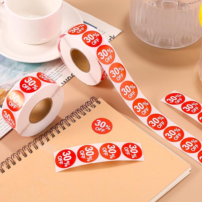 2 Rolls 30 Percent Off Discount Stickers, 1 Inch 30% Promotion Labels Round Price Markers Reduced Tags Sale Stickers for Retail Stores Supermarkets Shops (Red)
