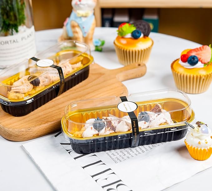 50 Pack Mini Cake Pans with Lids and Spoons Black Gold Rectangular Aluminum Foil Baking Pans Mini Cheesecake Containers(6.8oz)