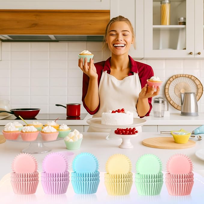 LemonRoad 300pcs Coated Paper Cupcake Liners for Baking Colorful Greaseproof Baking Cup for Muffin Dessert Candy Biscuit Cookies Brownie Wedding Birthday Party Baby Shower(Colorful,Round)