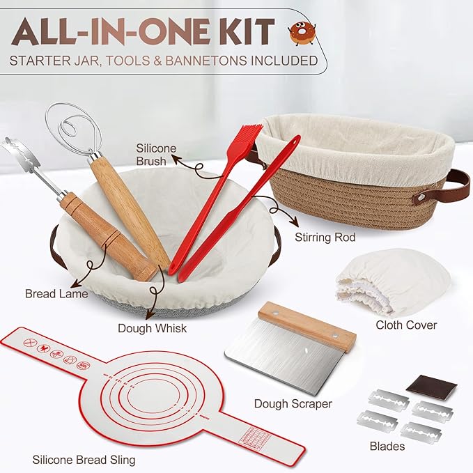 Sourdough Starter Kit Banneton Bread Proofing Basket Set, Dough Whisk, Lame & More Cotton Blend Baking Supplies for Sourdough Bread